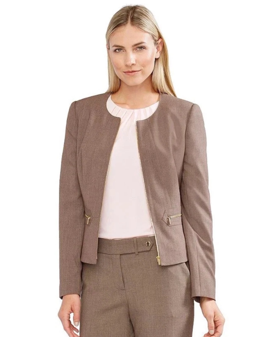 Calvin Klein Women’s Taupe Zip Front Tailored Jacket Blazer Size 2